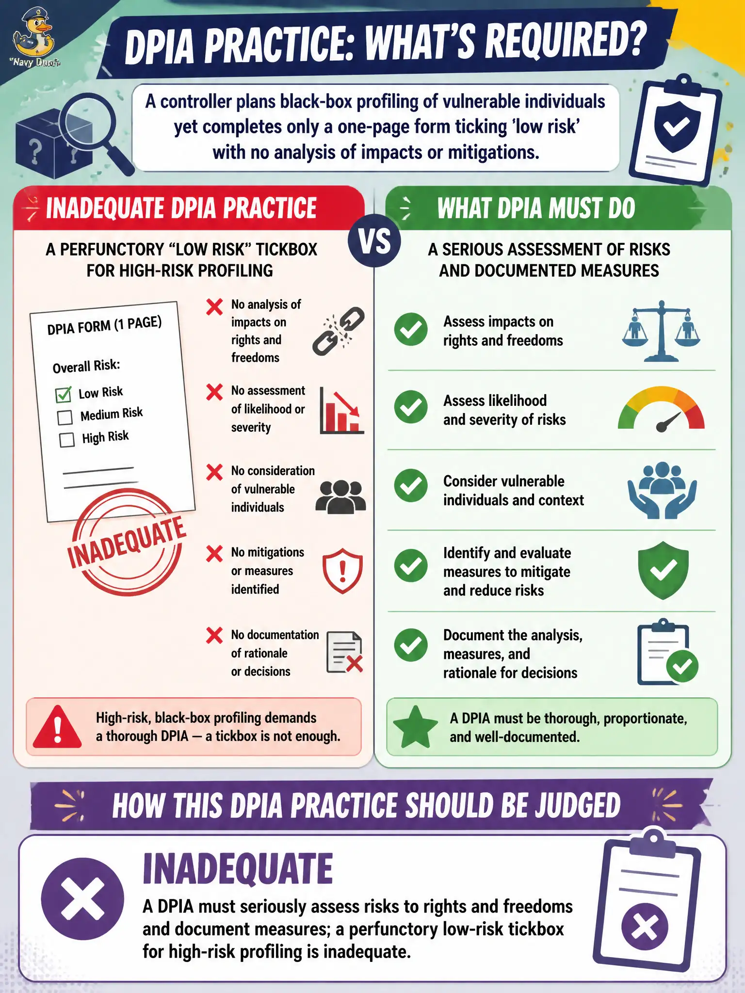 To Create an exciting colorful infographic that explains the concepts in the question: Question: A controller plans black-box profiling of vulnerable individuals yet completes only a one-page form ticking ‘low risk’ with no analysis of impacts or mitigations. How should that DPIA practice be judged? Correct Answer: A DPIA must seriously assess risks to rights and freedoms and document measures; a perfunctory low-risk tickbox for high-risk profiling is inadequate. Put EVERY visible label in double quotes. No people. No A/B/C/D letters. In one of the four corners put a little "Navy Duck".