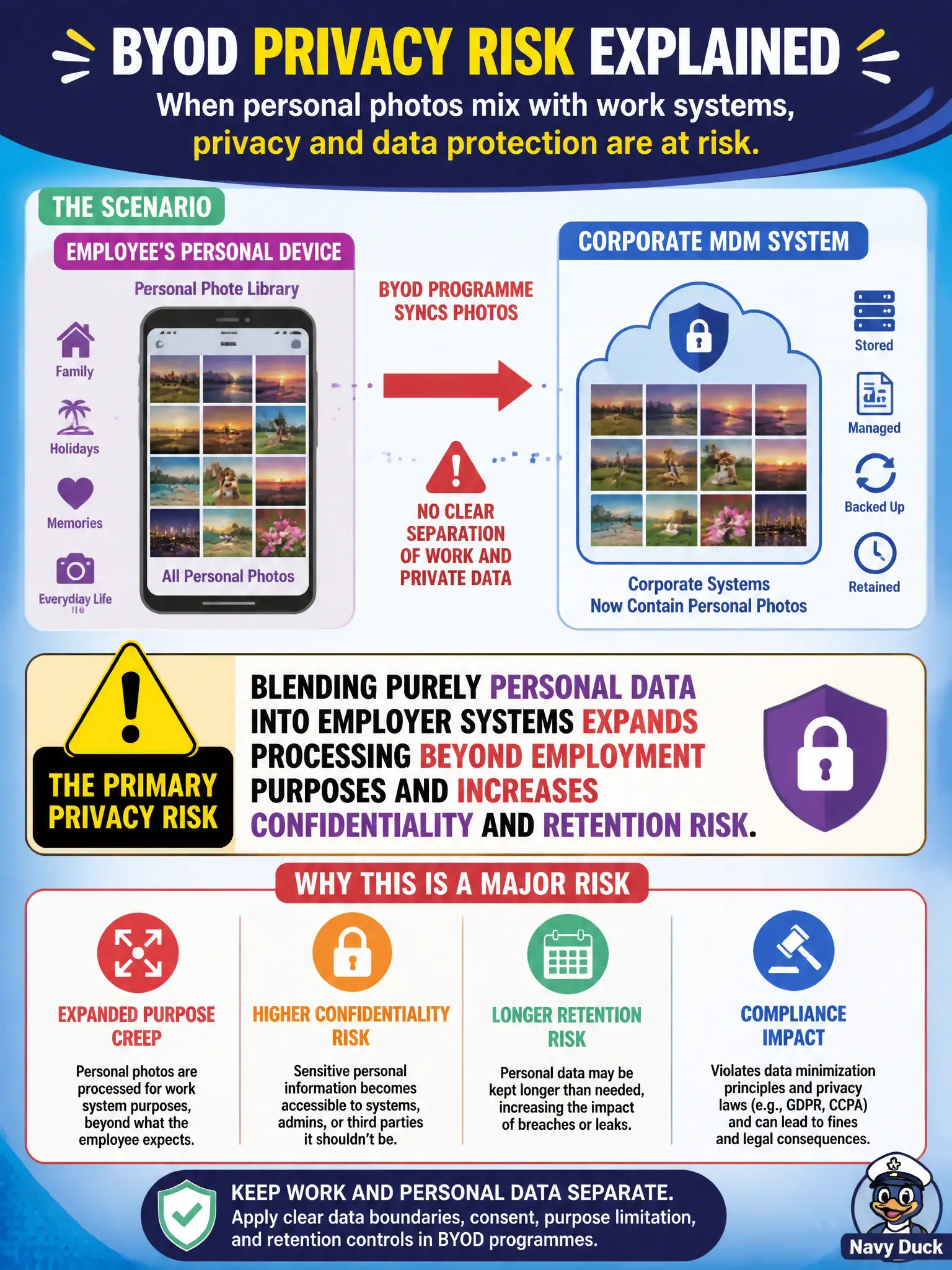 To Create an exciting colorful infographic that explains the concepts in the question: Question: A BYOD programme syncs employees’ personal photo libraries into corporate MDM without clear separation of work and private data. What is the primary privacy risk? Correct Answer: Blending purely personal data into employer systems expands processing beyond employment purposes and increases confidentiality and retention risk. Put EVERY visible label in double quotes. No people. No A/B/C/D letters. In one of the four corners put a little "Navy Duck".