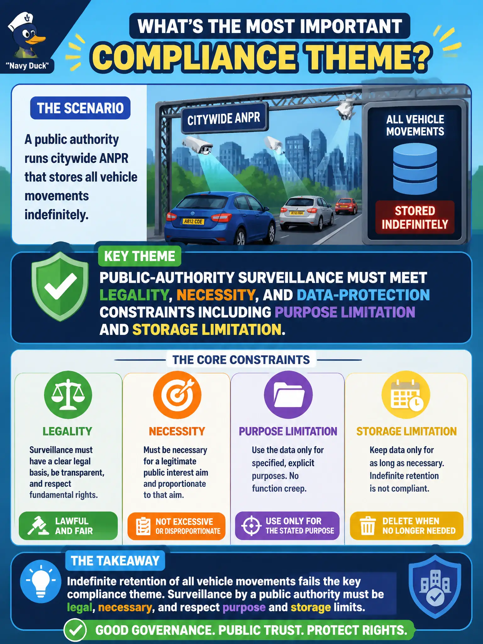 To Create an exciting colorful infographic that explains the concepts in the question: Question: A public authority runs citywide ANPR that stores all vehicle movements indefinitely. What compliance theme is most important? Correct Answer: Public-authority surveillance must meet legality, necessity, and data-protection constraints including purpose limitation and storage limitation. Put EVERY visible label in double quotes. No people. No A/B/C/D letters. In one of the four corners put a little "Navy Duck".