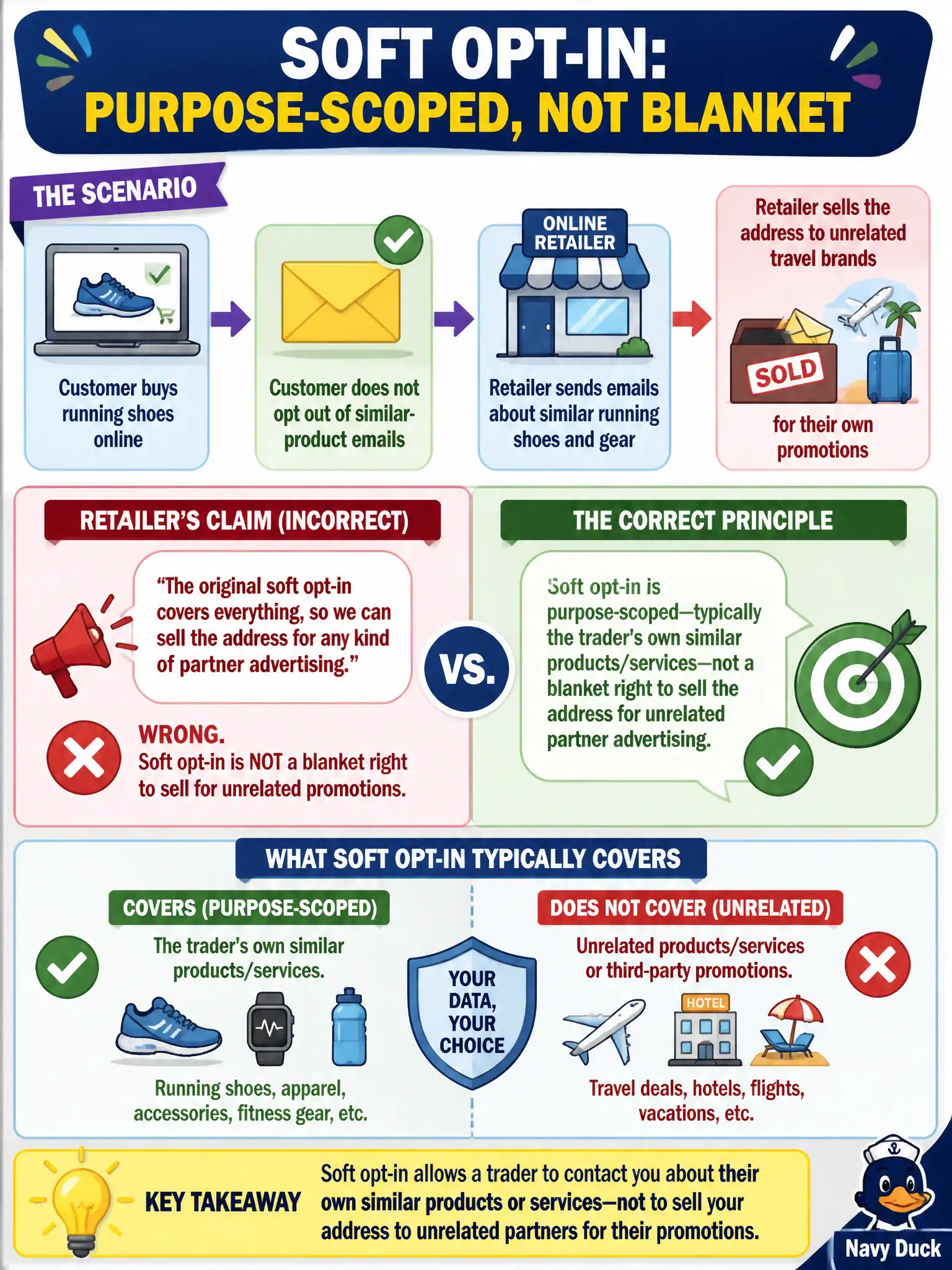 To Create an exciting colorful infographic that explains the concepts in the question: Question: After a customer buys running shoes online and does not opt out of similar-product emails, the retailer also sells the address to unrelated travel brands for their own promotions, claiming the original soft opt-in covers everything. Which statement is correct? Correct Answer: Soft opt-in is purpose-scoped—typically the trader's own similar products/services—not a blanket right to sell the address for unrelated partner advertising. Put EVERY visible label in double quotes. No people. No A/B/C/D letters. In one of the four corners put a little "Navy Duck".