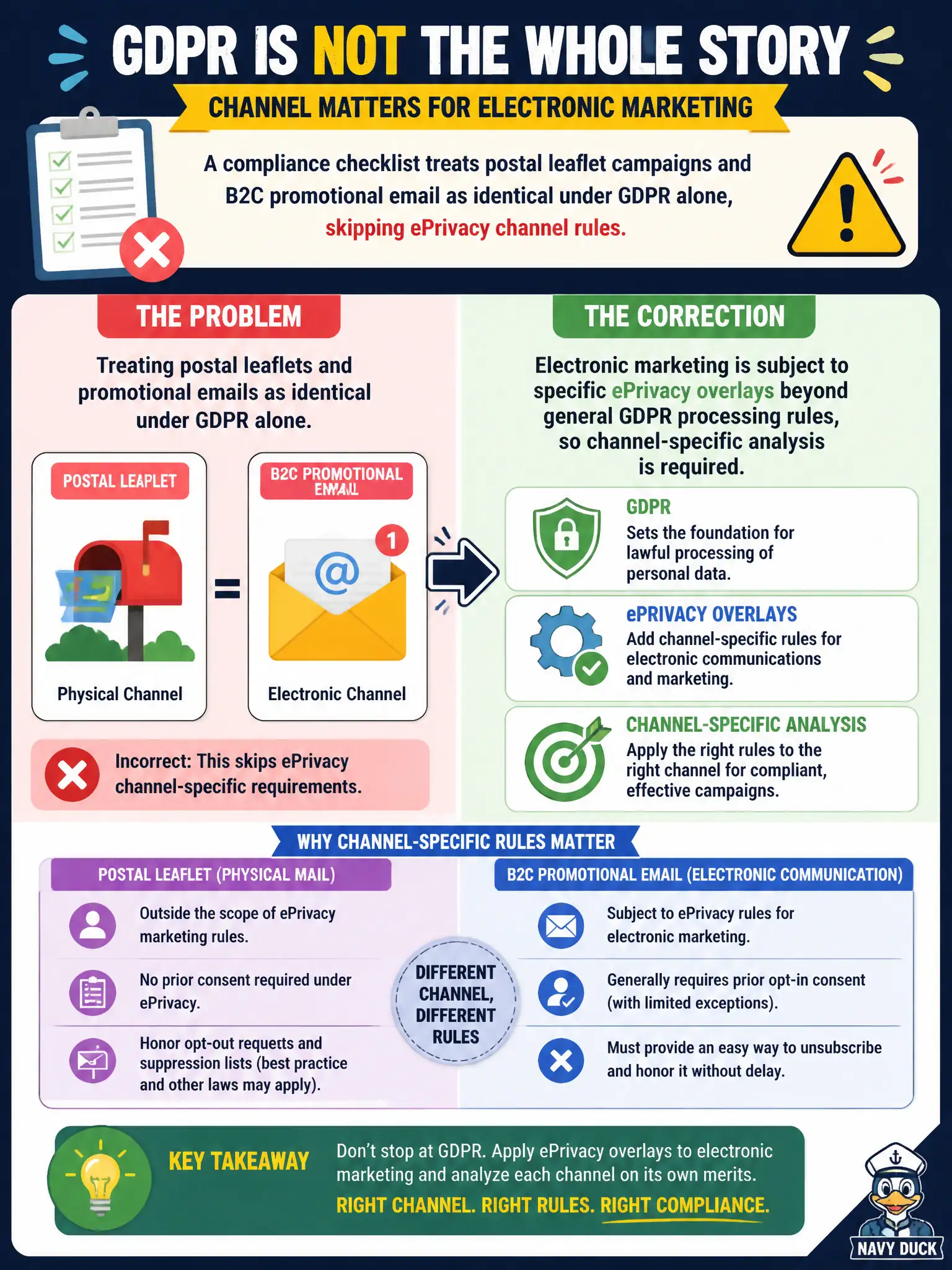 To Create an exciting colorful infographic that explains the concepts in the question: Question: A compliance checklist treats postal leaflet campaigns and B2C promotional email as identical under GDPR alone, skipping ePrivacy channel rules. What correction is needed? Correct Answer: Electronic marketing is subject to specific ePrivacy overlays beyond general GDPR processing rules, so channel-specific analysis is required. Put EVERY visible label in double quotes. No people. No A/B/C/D letters. In one of the four corners put a little "Navy Duck".