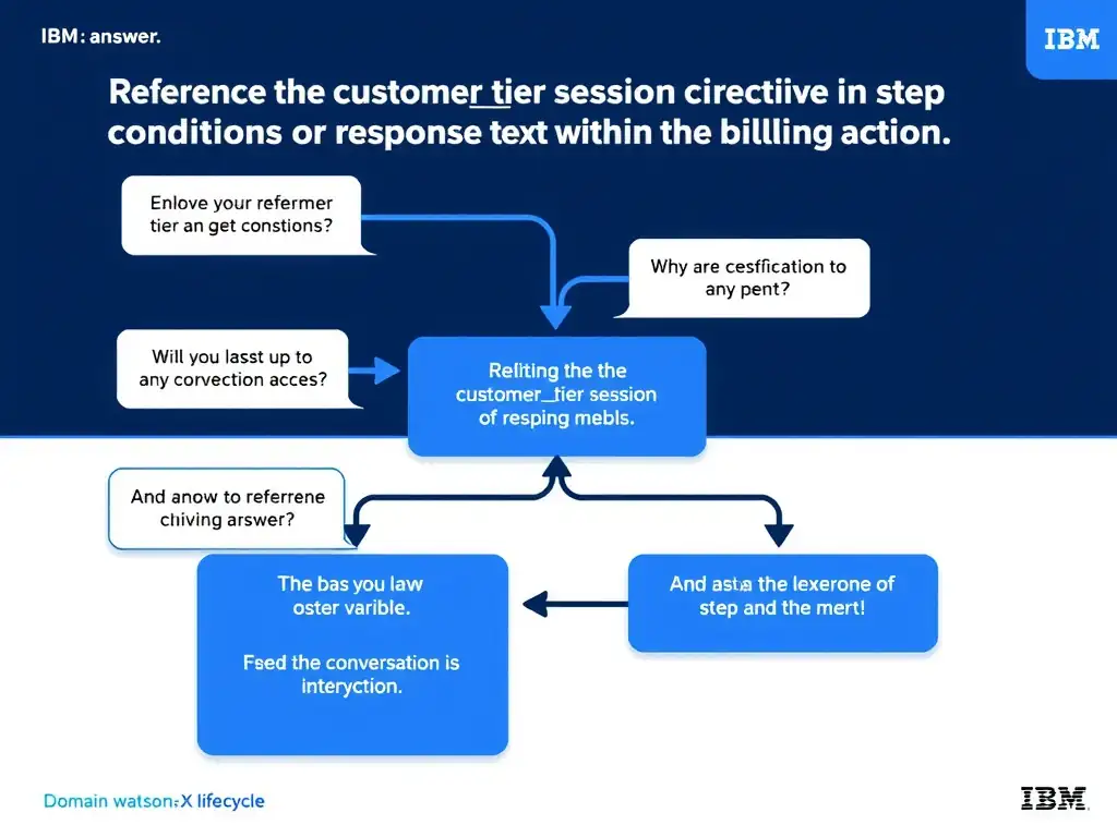 Educational infographic for IBM watsonx Assistant: visualize the concept of 'Reference the customertier session variable directly in step conditions or response text within the billing action' within the 'Domain 1: Build Conversational Flows' domain. Use a clean diagram or layered flow showing how this capability fits into a conversational AI lifecycle — labeled boxes for key components, arrows showing data or conversation flow, IBM blue/navy color palette with white text callouts highlighting why this answer is correct.