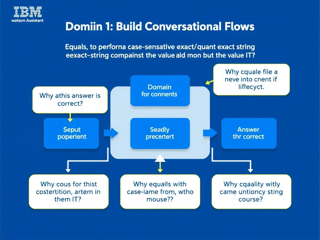 Educational infographic for IBM watsonx Assistant: visualize the concept of 'equals, to perform a case-sensitive exact string comparison against the value IT' within the 'Domain 1: Build Conversational Flows' domain. Use a clean diagram or layered flow showing how this capability fits into a conversational AI lifecycle — labeled boxes for key components, arrows showing data or conversation flow, IBM blue/navy color palette with white text callouts highlighting why this answer is correct.