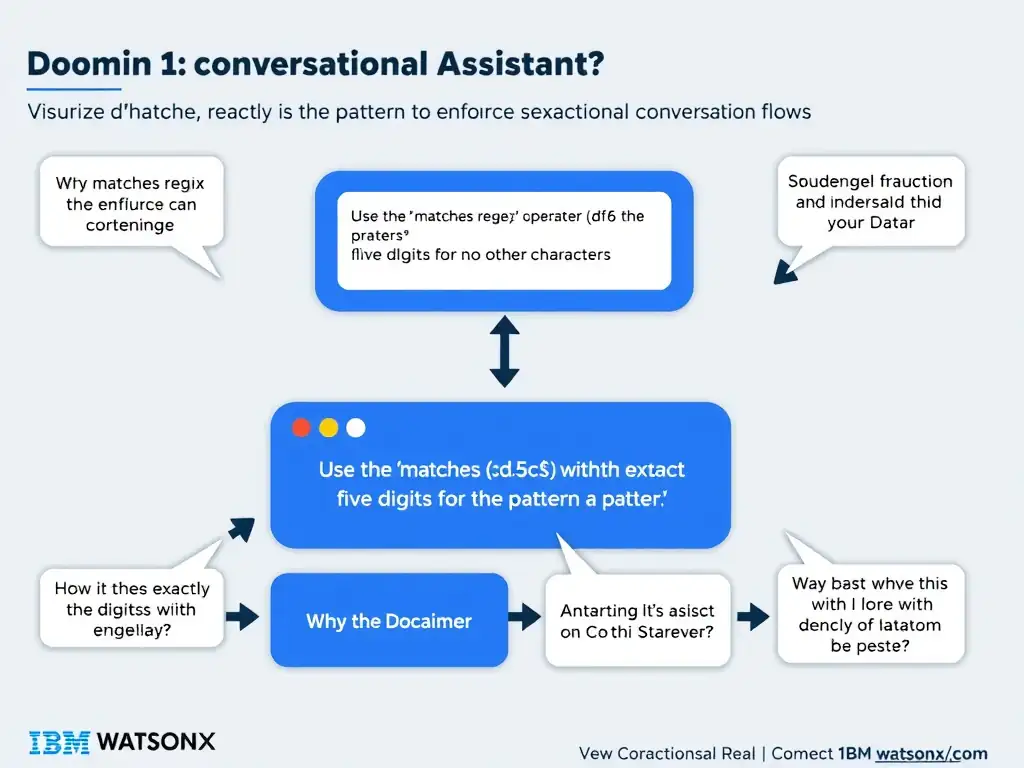 Educational infographic for IBM watsonx Assistant: visualize the concept of 'Use the 'matches regex' operator with the pattern ^\\d{5}$ to enforce exactly five digits with no other characters' within the 'Domain 1: Build Conversational Flows' domain. Use a clean diagram or layered flow showing how this capability fits into a conversational AI lifecycle — labeled boxes for key components, arrows showing data or conversation flow, IBM blue/navy color palette with white text callouts highlighting why this answer is correct.