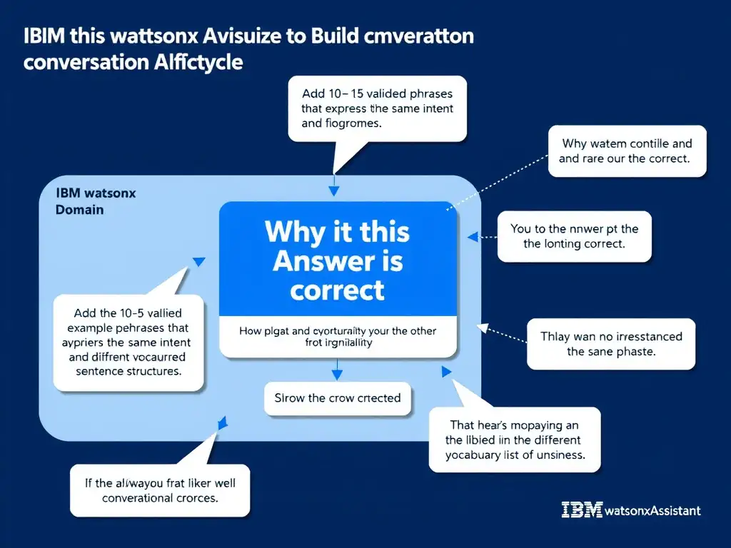 Educational infographic for IBM watsonx Assistant: visualize the concept of 'Add 10–15 varied example phrases that express the same intent using different vocabulary and sentence structures' within the 'Domain 1: Build Conversational Flows' domain. Use a clean diagram or layered flow showing how this capability fits into a conversational AI lifecycle — labeled boxes for key components, arrows showing data or conversation flow, IBM blue/navy color palette with white text callouts highlighting why this answer is correct.