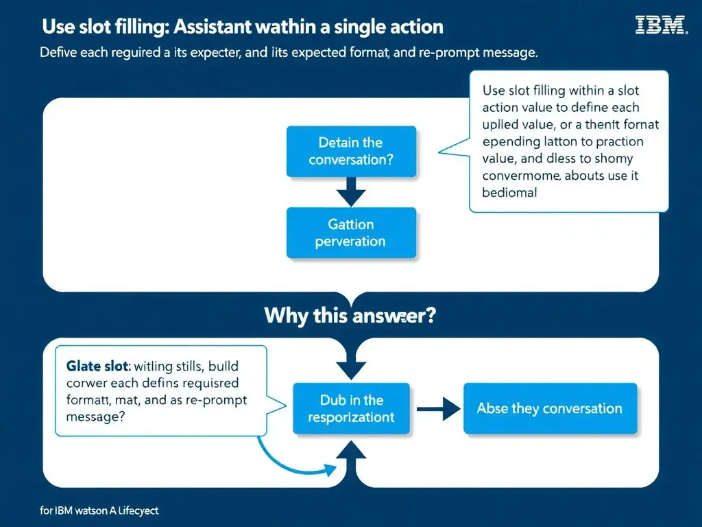 Educational infographic for IBM watsonx Assistant: visualize the concept of 'Use slot filling within a single action to define each required value, its expected format, and its re-prompt message' within the 'Domain 1: Build Conversational Flows' domain. Use a clean diagram or layered flow showing how this capability fits into a conversational AI lifecycle — labeled boxes for key components, arrows showing data or conversation flow, IBM blue/navy color palette with white text callouts highlighting why this answer is correct.
