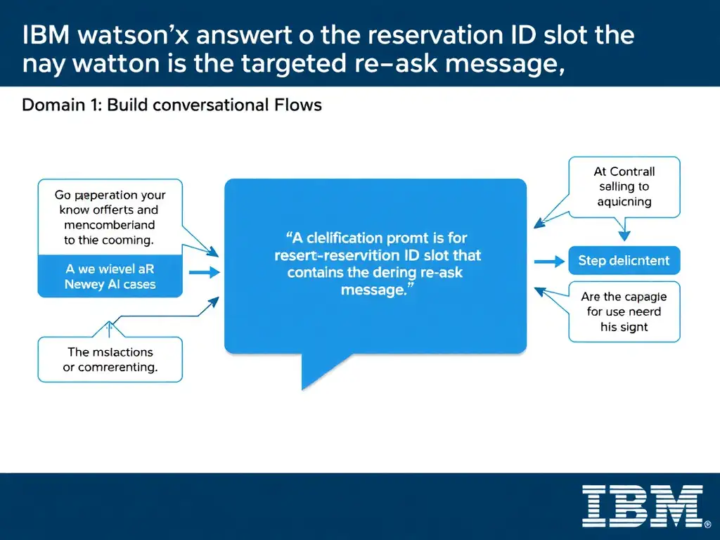 Educational infographic for IBM watsonx Assistant: visualize the concept of 'A clarification prompt on the reservation ID slot that contains the targeted re-ask message' within the 'Domain 1: Build Conversational Flows' domain. Use a clean diagram or layered flow showing how this capability fits into a conversational AI lifecycle — labeled boxes for key components, arrows showing data or conversation flow, IBM blue/navy color palette with white text callouts highlighting why this answer is correct.