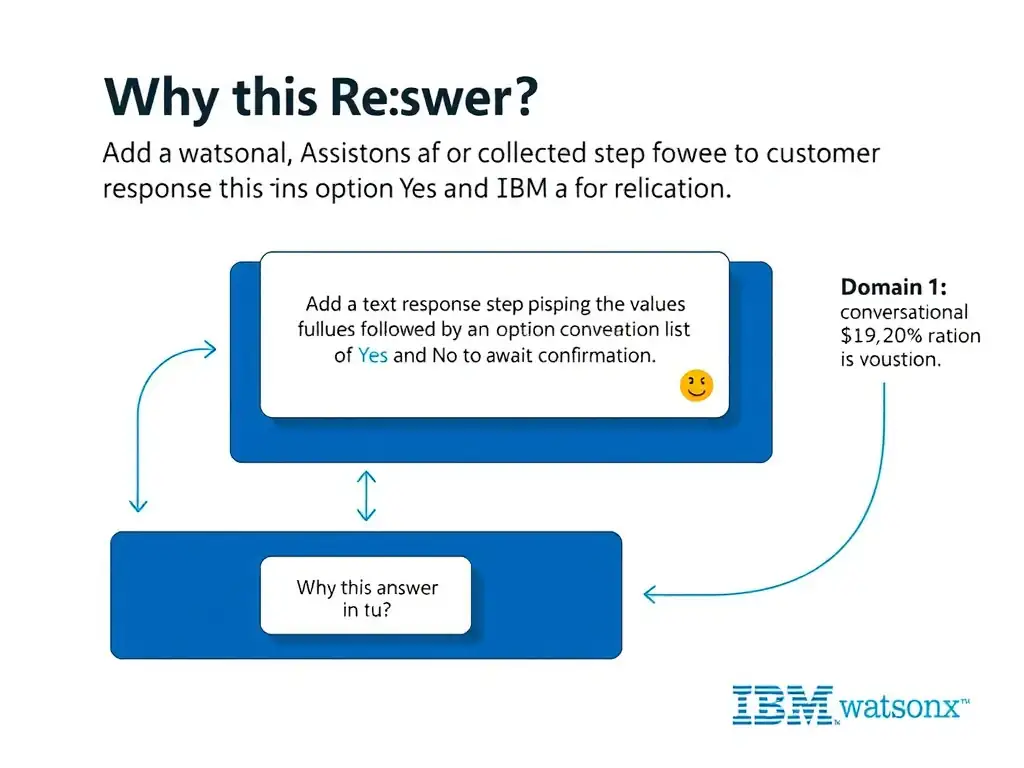 Educational infographic for IBM watsonx Assistant: visualize the concept of 'Add a text response step displaying the collected values, followed by a customer response step using an option list of Yes and No to await confirmation' within the 'Domain 1: Build Conversational Flows' domain. Use a clean diagram or layered flow showing how this capability fits into a conversational AI lifecycle — labeled boxes for key components, arrows showing data or conversation flow, IBM blue/navy color palette with white text callouts highlighting why this answer is correct.