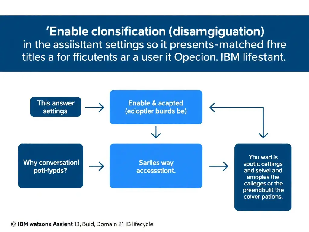 Educational infographic for IBM watsonx Assistant: visualize the concept of 'Enable clarification (disambiguation) in the assistant settings so it presents matched action titles for the user to select' within the 'Domain 1: Build Conversational Flows' domain. Use a clean diagram or layered flow showing how this capability fits into a conversational AI lifecycle — labeled boxes for key components, arrows showing data or conversation flow, IBM blue/navy color palette with white text callouts highlighting why this answer is correct.