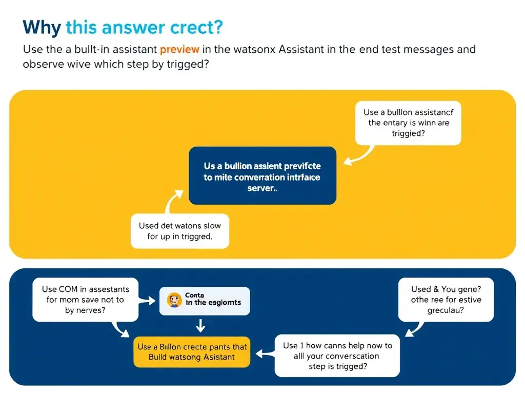 Educational infographic for IBM watsonx Assistant: visualize the concept of 'Use the built-in assistant preview pane in the watsonx Assistant interface to send test messages and observe which step is triggered' within the 'Domain 1: Build Conversational Flows' domain. Use a clean diagram or layered flow showing how this capability fits into a conversational AI lifecycle — labeled boxes for key components, arrows showing data or conversation flow, IBM blue/navy color palette with white text callouts highlighting why this answer is correct.