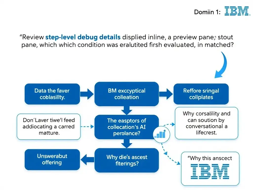 Educational infographic for IBM watsonx Assistant: visualize the concept of 'Review the step-level debug details displayed inline in the preview pane, which show which condition was evaluated and matched' within the 'Domain 1: Build Conversational Flows' domain. Use a clean diagram or layered flow showing how this capability fits into a conversational AI lifecycle — labeled boxes for key components, arrows showing data or conversation flow, IBM blue/navy color palette with white text callouts highlighting why this answer is correct.