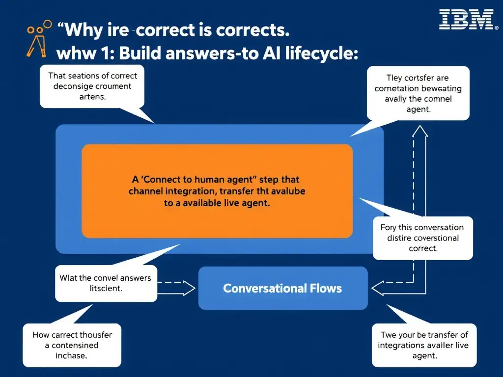 Educational infographic for IBM watsonx Assistant: visualize the concept of 'A 'Connect to human agent' step that signals the channel integration to transfer the conversation to an available live agent' within the 'Domain 1: Build Conversational Flows' domain. Use a clean diagram or layered flow showing how this capability fits into a conversational AI lifecycle — labeled boxes for key components, arrows showing data or conversation flow, IBM blue/navy color palette with white text callouts highlighting why this answer is correct.