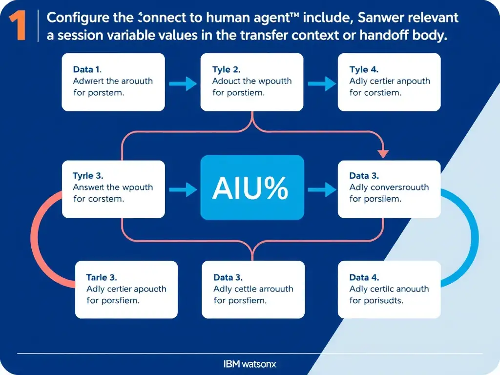 Educational infographic for IBM watsonx Assistant: visualize the concept of 'Configure the 'Connect to human agent' step to include the relevant session variable values in the transfer context or handoff body' within the 'Domain 1: Build Conversational Flows' domain. Use a clean diagram or layered flow showing how this capability fits into a conversational AI lifecycle — labeled boxes for key components, arrows showing data or conversation flow, IBM blue/navy color palette with white text callouts highlighting why this answer is correct.