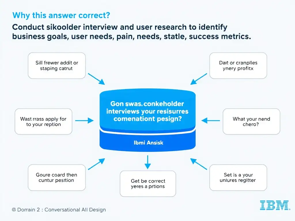 Educational infographic for IBM watsonx Assistant: visualize the concept of 'Conduct stakeholder interviews and user research to identify business goals, user needs, pain points, and success metrics' within the 'Domain 2: Conversational AI Design' domain. Use a clean diagram or layered flow showing how this capability fits into a conversational AI lifecycle — labeled boxes for key components, arrows showing data or conversation flow, IBM blue/navy color palette with white text callouts highlighting why this answer is correct.