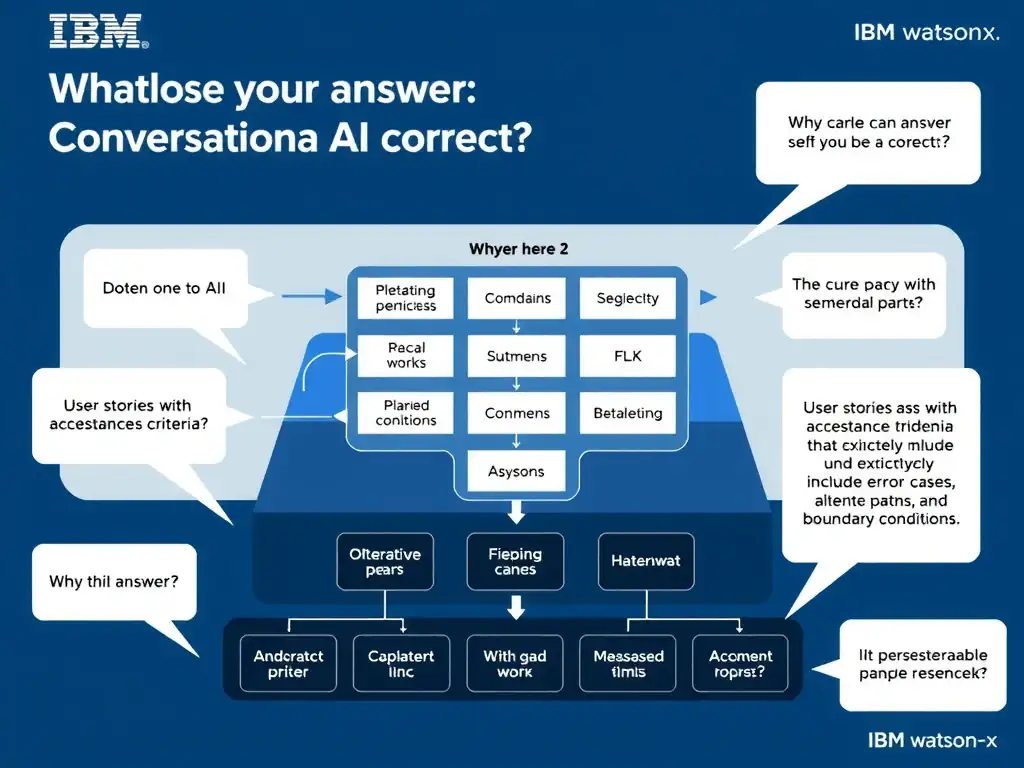 Educational infographic for IBM watsonx Assistant: visualize the concept of 'User stories with acceptance criteria that explicitly include error cases, alternative paths, and boundary conditions' within the 'Domain 2: Conversational AI Design' domain. Use a clean diagram or layered flow showing how this capability fits into a conversational AI lifecycle — labeled boxes for key components, arrows showing data or conversation flow, IBM blue/navy color palette with white text callouts highlighting why this answer is correct.