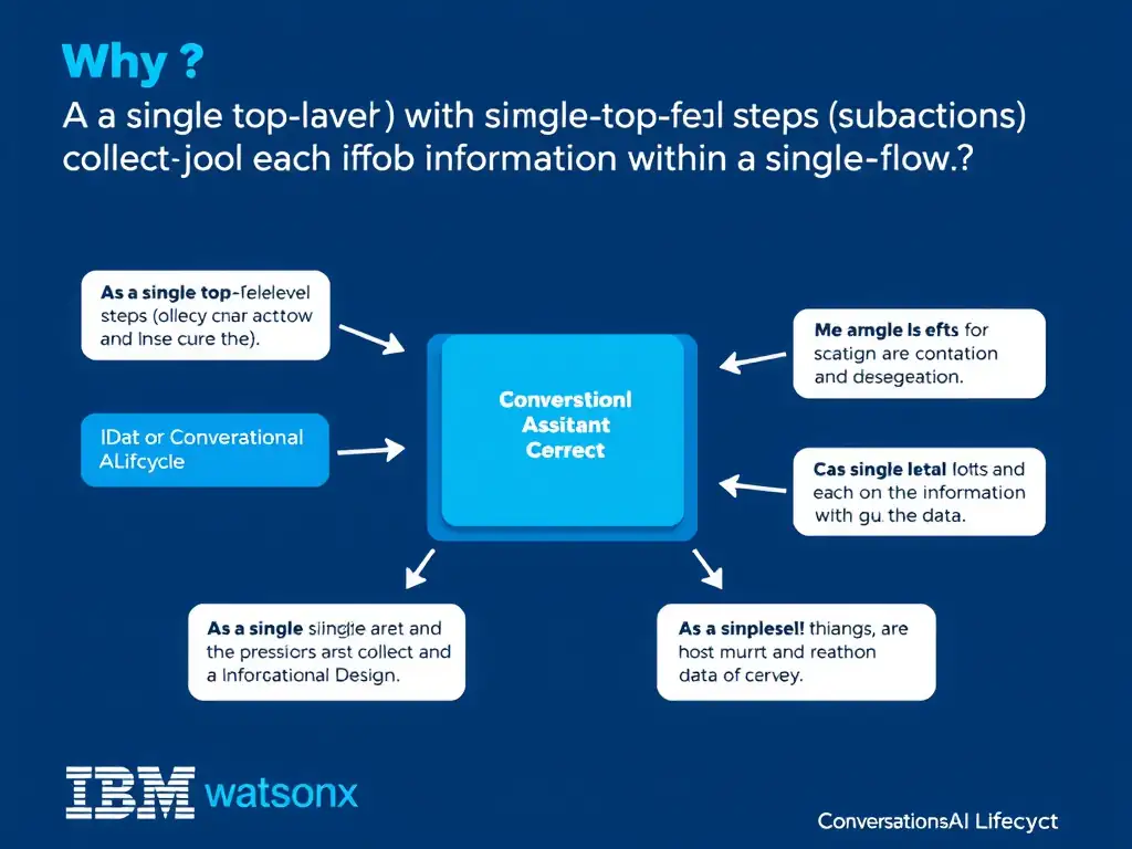 Educational infographic for IBM watsonx Assistant: visualize the concept of 'As a single top-level action with sequential steps (subactions) that collect each piece of information within a single flow' within the 'Domain 2: Conversational AI Design' domain. Use a clean diagram or layered flow showing how this capability fits into a conversational AI lifecycle — labeled boxes for key components, arrows showing data or conversation flow, IBM blue/navy color palette with white text callouts highlighting why this answer is correct.