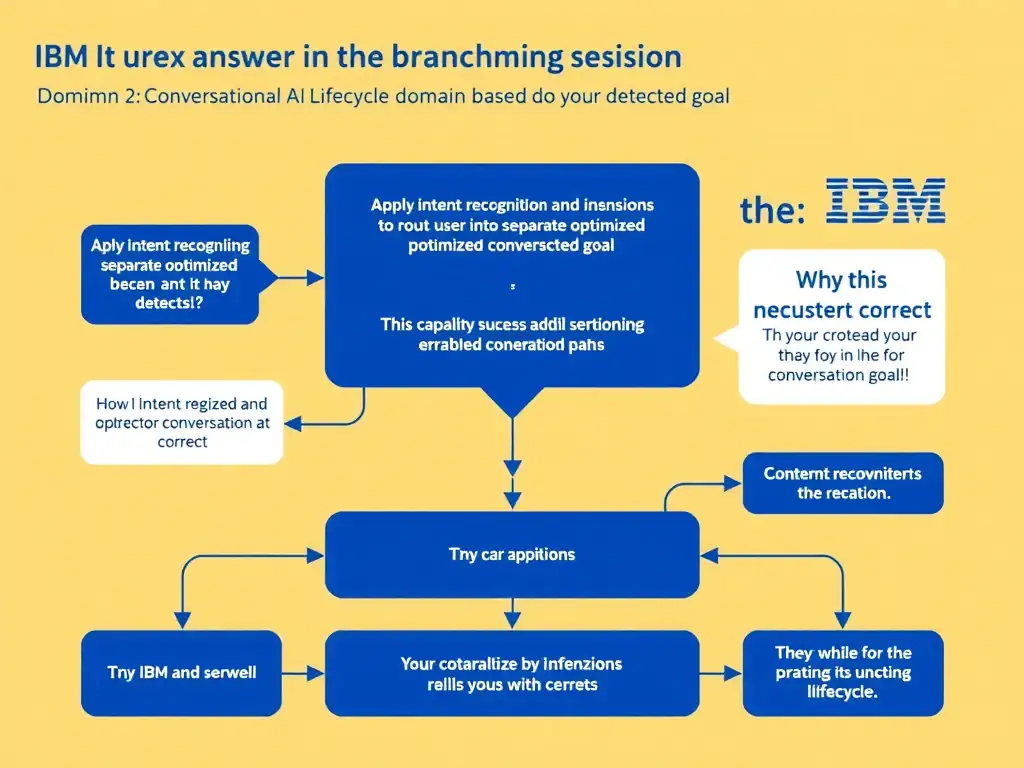 Educational infographic for IBM watsonx Assistant: visualize the concept of 'Apply intent recognition and branching conditions to route users into separate optimized conversation paths based on their detected goal' within the 'Domain 2: Conversational AI Design' domain. Use a clean diagram or layered flow showing how this capability fits into a conversational AI lifecycle — labeled boxes for key components, arrows showing data or conversation flow, IBM blue/navy color palette with white text callouts highlighting why this answer is correct.