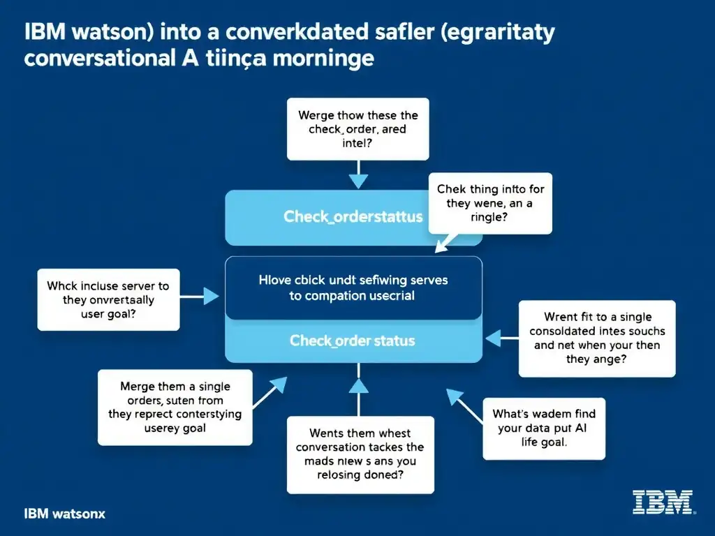 Educational infographic for IBM watsonx Assistant: visualize the concept of 'Merge them into a single consolidated intent such as checkorderstatus since they represent the same underlying user goal' within the 'Domain 2: Conversational AI Design' domain. Use a clean diagram or layered flow showing how this capability fits into a conversational AI lifecycle — labeled boxes for key components, arrows showing data or conversation flow, IBM blue/navy color palette with white text callouts highlighting why this answer is correct.