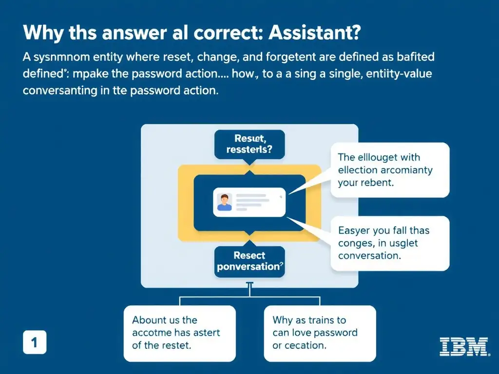 Educational infographic for IBM watsonx Assistant: visualize the concept of 'A synonym entity where reset, change, and forgot are defined as synonyms mapping to a single entity value representing the password action' within the 'Domain 2: Conversational AI Design' domain. Use a clean diagram or layered flow showing how this capability fits into a conversational AI lifecycle — labeled boxes for key components, arrows showing data or conversation flow, IBM blue/navy color palette with white text callouts highlighting why this answer is correct.
