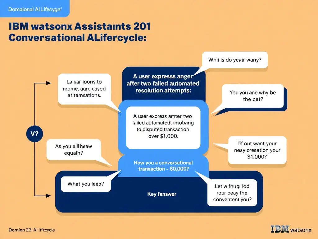 Educational infographic for IBM watsonx Assistant: visualize the concept of 'A user expresses anger after two failed automated resolution attempts involving a disputed transaction over $1,000' within the 'Domain 2: Conversational AI Design' domain. Use a clean diagram or layered flow showing how this capability fits into a conversational AI lifecycle — labeled boxes for key components, arrows showing data or conversation flow, IBM blue/navy color palette with white text callouts highlighting why this answer is correct.