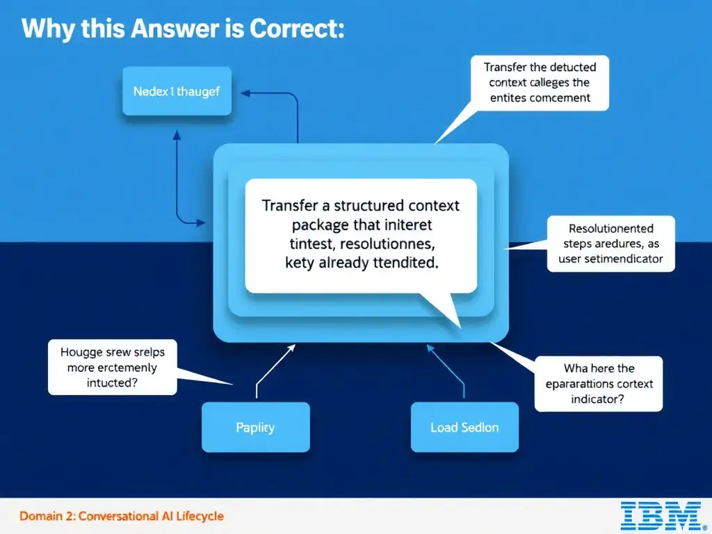 Educational infographic for IBM watsonx Assistant: visualize the concept of 'Transfer a structured context package that includes the detected intent, key entities collected, resolution steps already attempted, and a user sentiment indicator' within the 'Domain 2: Conversational AI Design' domain. Use a clean diagram or layered flow showing how this capability fits into a conversational AI lifecycle — labeled boxes for key components, arrows showing data or conversation flow, IBM blue/navy color palette with white text callouts highlighting why this answer is correct.