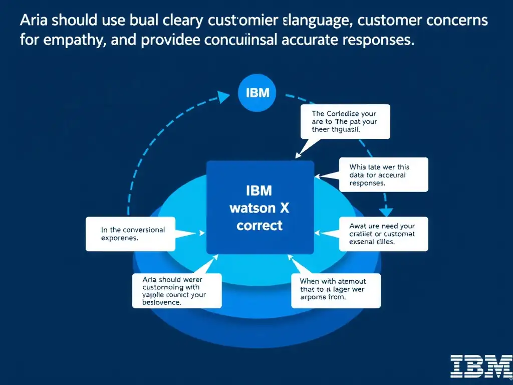 Educational infographic for IBM watsonx Assistant: visualize the concept of 'Aria should use clear conversational language, acknowledge customer concerns with empathy, and provide concise accurate responses' within the 'Domain 2: Conversational AI Design' domain. Use a clean diagram or layered flow showing how this capability fits into a conversational AI lifecycle — labeled boxes for key components, arrows showing data or conversation flow, IBM blue/navy color palette with white text callouts highlighting why this answer is correct.