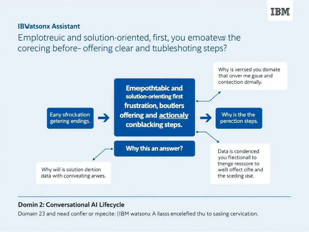 Educational infographic for IBM watsonx Assistant: visualize the concept of 'Empathetic and solution-oriented, first acknowledging the frustration before offering clear and actionable troubleshooting steps' within the 'Domain 2: Conversational AI Design' domain. Use a clean diagram or layered flow showing how this capability fits into a conversational AI lifecycle — labeled boxes for key components, arrows showing data or conversation flow, IBM blue/navy color palette with white text callouts highlighting why this answer is correct.