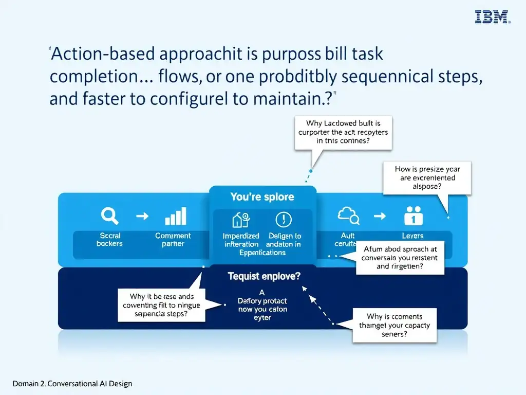 Educational infographic for IBM watsonx Assistant: visualize the concept of 'Action-based approach, because it is purpose-built for task completion flows with predictable sequential steps and is faster to configure and maintain' within the 'Domain 2: Conversational AI Design' domain. Use a clean diagram or layered flow showing how this capability fits into a conversational AI lifecycle — labeled boxes for key components, arrows showing data or conversation flow, IBM blue/navy color palette with white text callouts highlighting why this answer is correct.