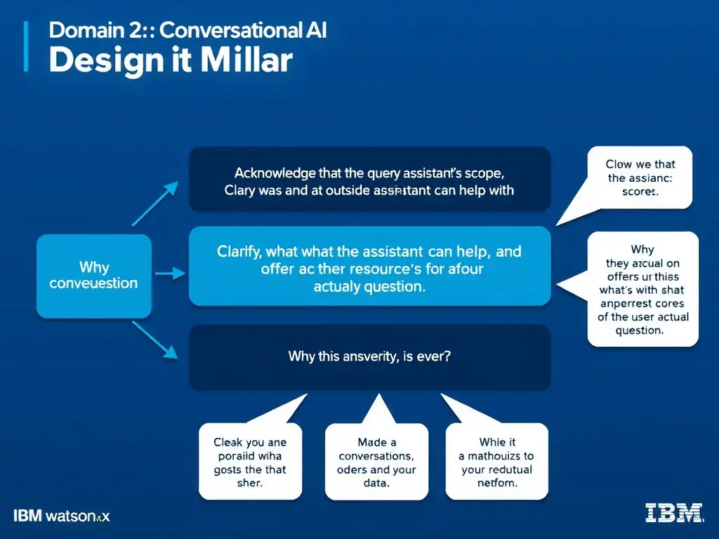 Educational infographic for IBM watsonx Assistant: visualize the concept of 'Acknowledge that the query is outside the assistant's scope, clarify what the assistant can help with, and offer a redirect or resource for the user's actual question' within the 'Domain 2: Conversational AI Design' domain. Use a clean diagram or layered flow showing how this capability fits into a conversational AI lifecycle — labeled boxes for key components, arrows showing data or conversation flow, IBM blue/navy color palette with white text callouts highlighting why this answer is correct.