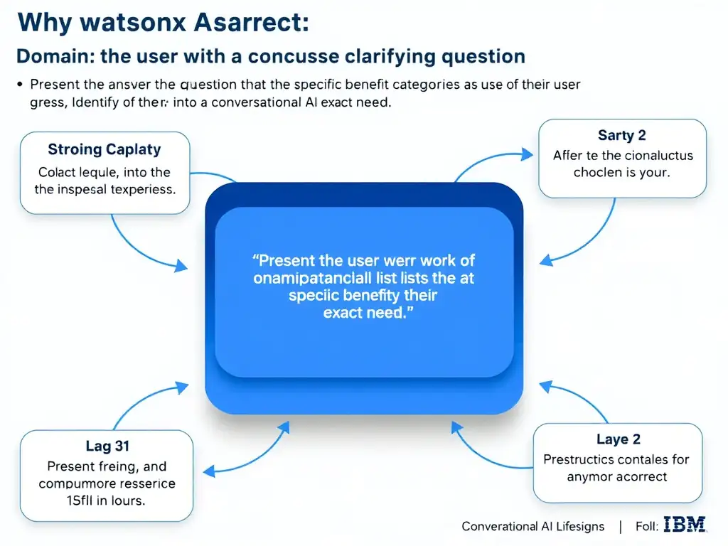 Educational infographic for IBM watsonx Assistant: visualize the concept of 'Present the user with a concise clarifying question that lists the specific benefit categories so the user can identify their exact need' within the 'Domain 2: Conversational AI Design' domain. Use a clean diagram or layered flow showing how this capability fits into a conversational AI lifecycle — labeled boxes for key components, arrows showing data or conversation flow, IBM blue/navy color palette with white text callouts highlighting why this answer is correct.