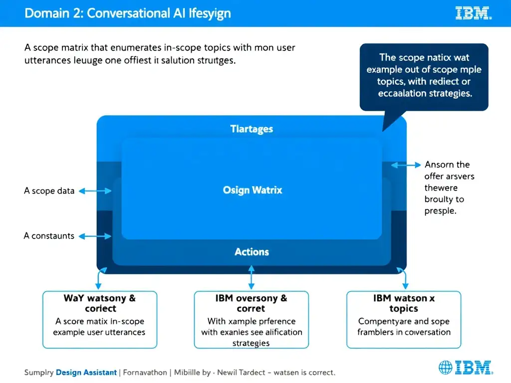 Educational infographic for IBM watsonx Assistant: visualize the concept of 'A scope matrix that enumerates in-scope topics with example user utterances alongside out-of-scope topics with defined redirect or escalation strategies' within the 'Domain 2: Conversational AI Design' domain. Use a clean diagram or layered flow showing how this capability fits into a conversational AI lifecycle — labeled boxes for key components, arrows showing data or conversation flow, IBM blue/navy color palette with white text callouts highlighting why this answer is correct.