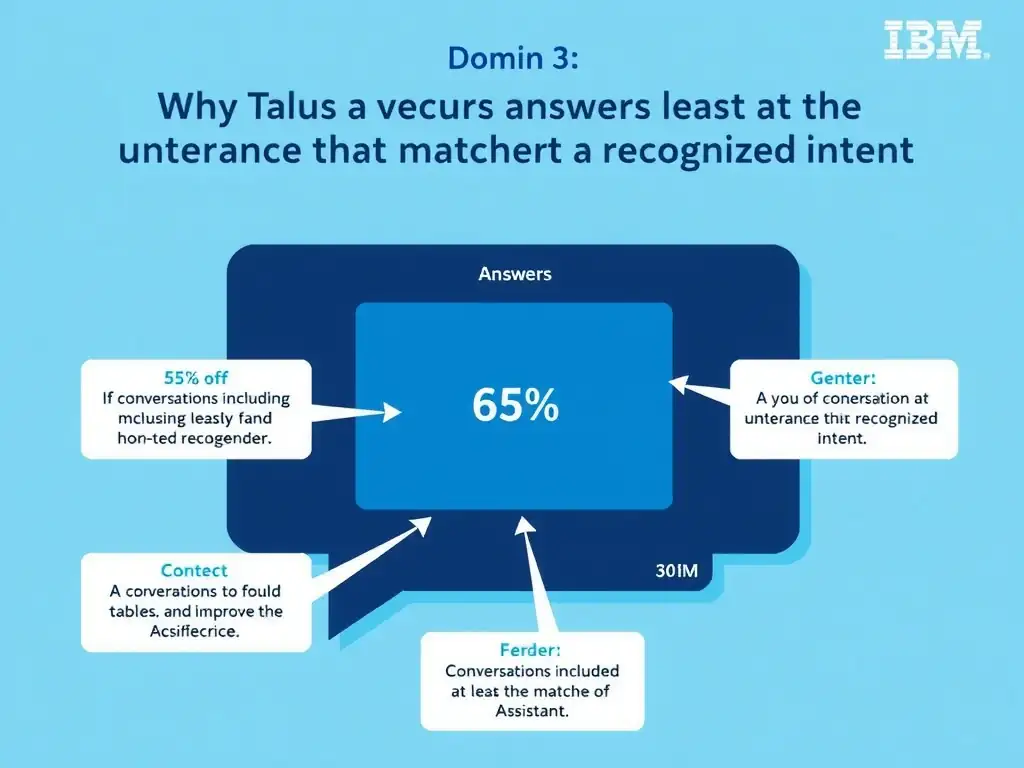 Educational infographic for IBM watsonx Assistant: visualize the concept of '65% of conversations included at least one utterance that matched a recognized intent' within the 'Domain 3: Analyze and Improve the Assistant' domain. Use a clean diagram or layered flow showing how this capability fits into a conversational AI lifecycle — labeled boxes for key components, arrows showing data or conversation flow, IBM blue/navy color palette with white text callouts highlighting why this answer is correct.