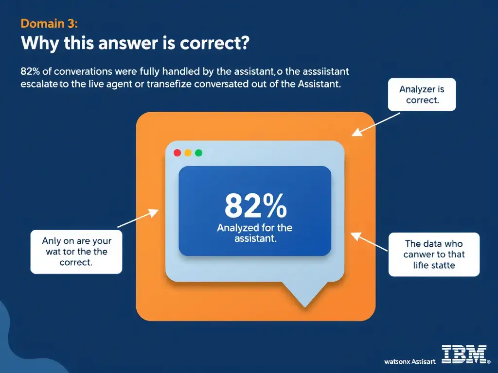 Educational infographic for IBM watsonx Assistant: visualize the concept of '82% of conversations were fully handled by the assistant without being escalated to a live agent or transferred out of the assistant' within the 'Domain 3: Analyze and Improve the Assistant' domain. Use a clean diagram or layered flow showing how this capability fits into a conversational AI lifecycle — labeled boxes for key components, arrows showing data or conversation flow, IBM blue/navy color palette with white text callouts highlighting why this answer is correct.