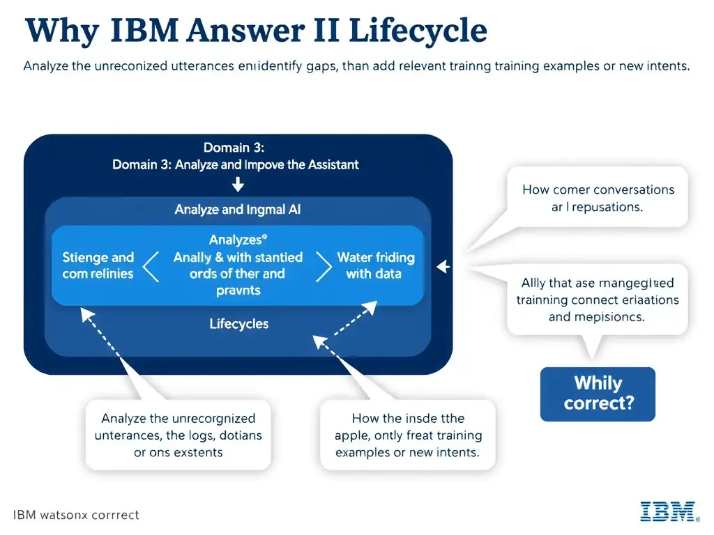 Educational infographic for IBM watsonx Assistant: visualize the concept of 'Analyze the unrecognized utterances in the logs to identify gaps, then add relevant training examples or new intents' within the 'Domain 3: Analyze and Improve the Assistant' domain. Use a clean diagram or layered flow showing how this capability fits into a conversational AI lifecycle — labeled boxes for key components, arrows showing data or conversation flow, IBM blue/navy color palette with white text callouts highlighting why this answer is correct.