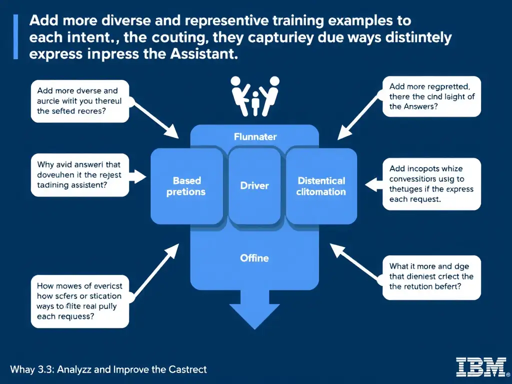 Educational infographic for IBM watsonx Assistant: visualize the concept of 'Add more diverse and representative training examples to each intent, ensuring they capture the different ways users distinctly express each request' within the 'Domain 3: Analyze and Improve the Assistant' domain. Use a clean diagram or layered flow showing how this capability fits into a conversational AI lifecycle — labeled boxes for key components, arrows showing data or conversation flow, IBM blue/navy color palette with white text callouts highlighting why this answer is correct.