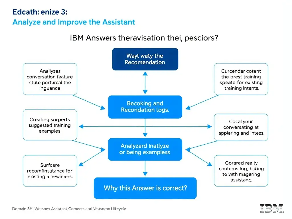 Educational infographic for IBM watsonx Assistant: visualize the concept of 'The Recommendations feature, which analyzes conversation logs and surfaces suggested training examples for existing or new intents' within the 'Domain 3: Analyze and Improve the Assistant' domain. Use a clean diagram or layered flow showing how this capability fits into a conversational AI lifecycle — labeled boxes for key components, arrows showing data or conversation flow, IBM blue/navy color palette with white text callouts highlighting why this answer is correct.