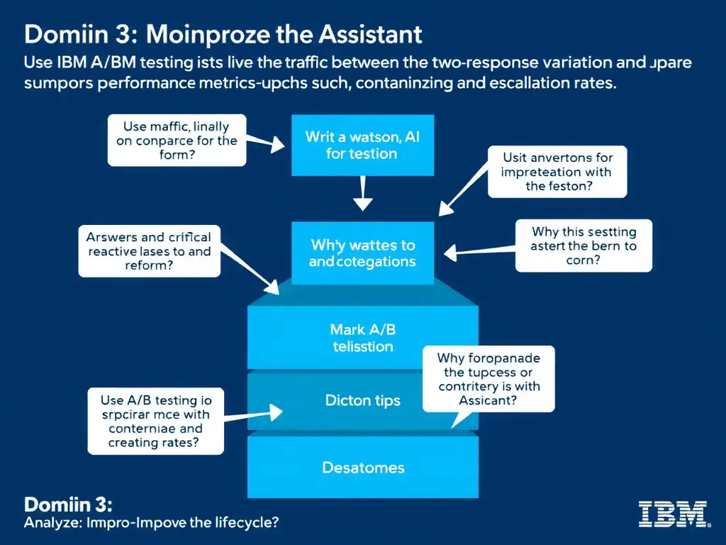 Educational infographic for IBM watsonx Assistant: visualize the concept of 'Use A/B testing to split live traffic between the two response variations and compare performance metrics such as containment and escalation rates' within the 'Domain 3: Analyze and Improve the Assistant' domain. Use a clean diagram or layered flow showing how this capability fits into a conversational AI lifecycle — labeled boxes for key components, arrows showing data or conversation flow, IBM blue/navy color palette with white text callouts highlighting why this answer is correct.