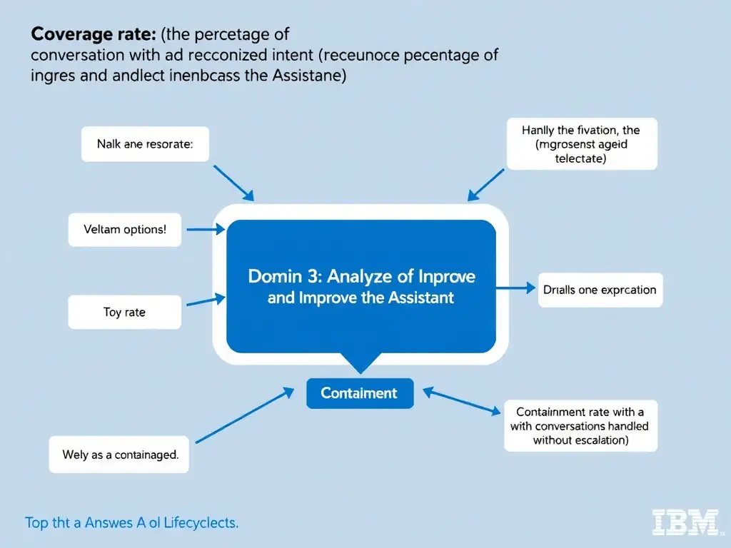 Educational infographic for IBM watsonx Assistant: visualize the concept of 'Coverage rate (the percentage of conversations with a recognized intent) and containment rate (the percentage of conversations handled without escalation)' within the 'Domain 3: Analyze and Improve the Assistant' domain. Use a clean diagram or layered flow showing how this capability fits into a conversational AI lifecycle — labeled boxes for key components, arrows showing data or conversation flow, IBM blue/navy color palette with white text callouts highlighting why this answer is correct.