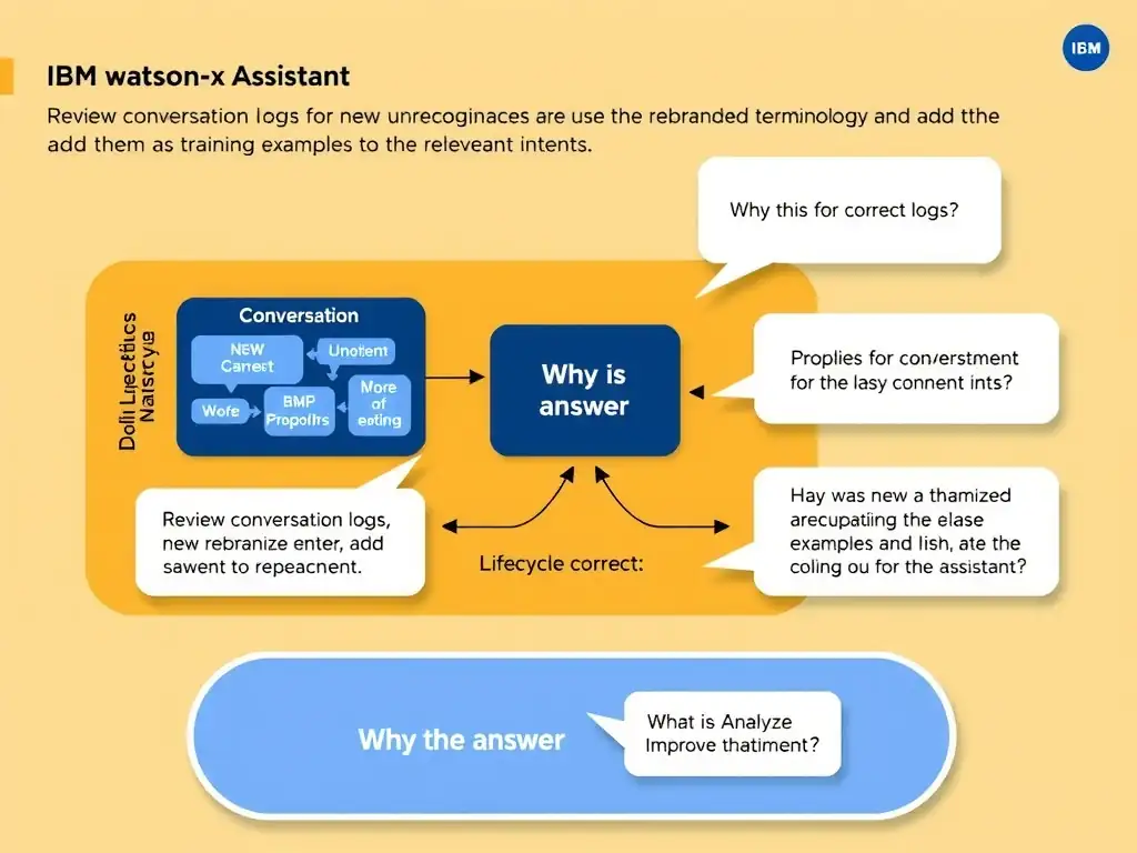 Educational infographic for IBM watsonx Assistant: visualize the concept of 'Review conversation logs for new unrecognized utterances that use the rebranded terminology and add them as training examples to the relevant intents' within the 'Domain 3: Analyze and Improve the Assistant' domain. Use a clean diagram or layered flow showing how this capability fits into a conversational AI lifecycle — labeled boxes for key components, arrows showing data or conversation flow, IBM blue/navy color palette with white text callouts highlighting why this answer is correct.
