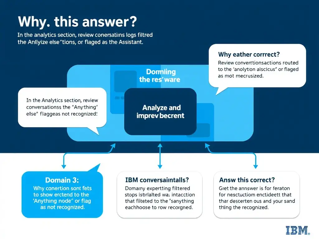 Educational infographic for IBM watsonx Assistant: visualize the concept of 'In the Analytics section, review conversation logs filtered to show interactions routed to the 'Anything else' node or flagged as not recognized' within the 'Domain 3: Analyze and Improve the Assistant' domain. Use a clean diagram or layered flow showing how this capability fits into a conversational AI lifecycle — labeled boxes for key components, arrows showing data or conversation flow, IBM blue/navy color palette with white text callouts highlighting why this answer is correct.