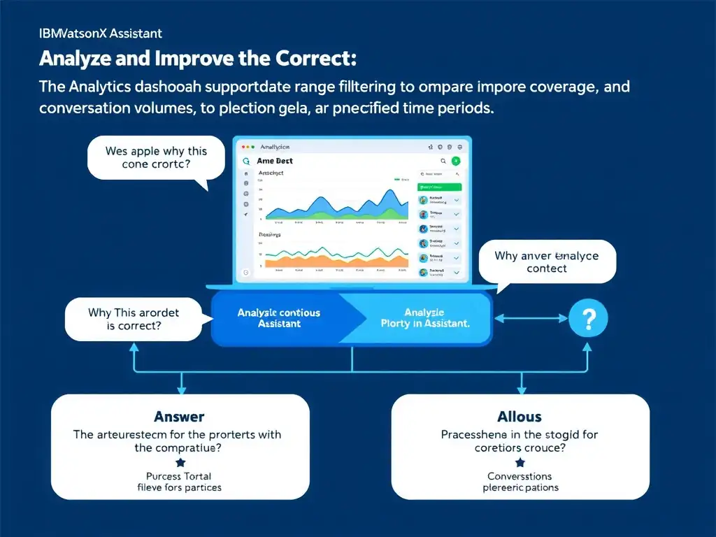 Educational infographic for IBM watsonx Assistant: visualize the concept of 'The Analytics dashboard, which supports date-range filtering to compare coverage, containment, and conversation volumes across specified time periods' within the 'Domain 3: Analyze and Improve the Assistant' domain. Use a clean diagram or layered flow showing how this capability fits into a conversational AI lifecycle — labeled boxes for key components, arrows showing data or conversation flow, IBM blue/navy color palette with white text callouts highlighting why this answer is correct.