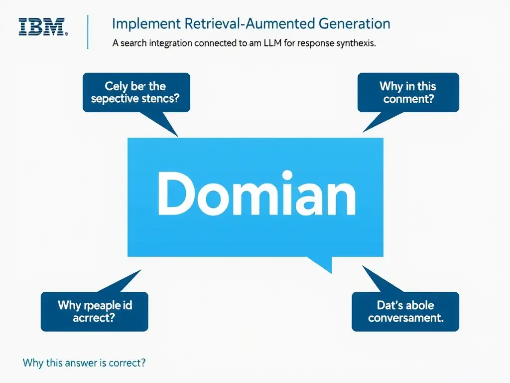 Educational infographic for IBM watsonx Assistant: visualize the concept of 'Implement Retrieval-Augmented Generation (RAG) using a search integration connected to an LLM for response synthesis' within the 'Domain 4: Integrate with watsonx' domain. Use a clean diagram or layered flow showing how this capability fits into a conversational AI lifecycle — labeled boxes for key components, arrows showing data or conversation flow, IBM blue/navy color palette with white text callouts highlighting why this answer is correct.