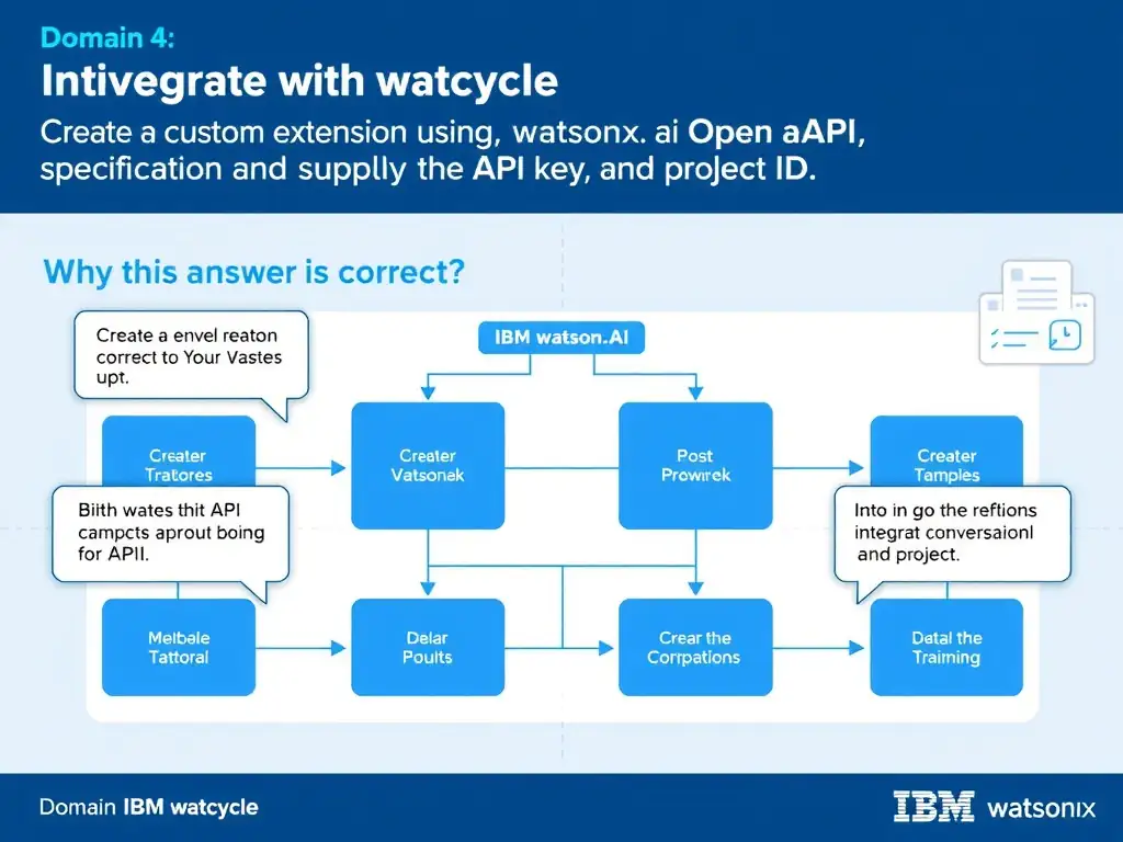 Educational infographic for IBM watsonx Assistant: visualize the concept of 'Create a custom extension using the watsonx.ai OpenAPI specification and supply the API key and project ID' within the 'Domain 4: Integrate with watsonx' domain. Use a clean diagram or layered flow showing how this capability fits into a conversational AI lifecycle — labeled boxes for key components, arrows showing data or conversation flow, IBM blue/navy color palette with white text callouts highlighting why this answer is correct.