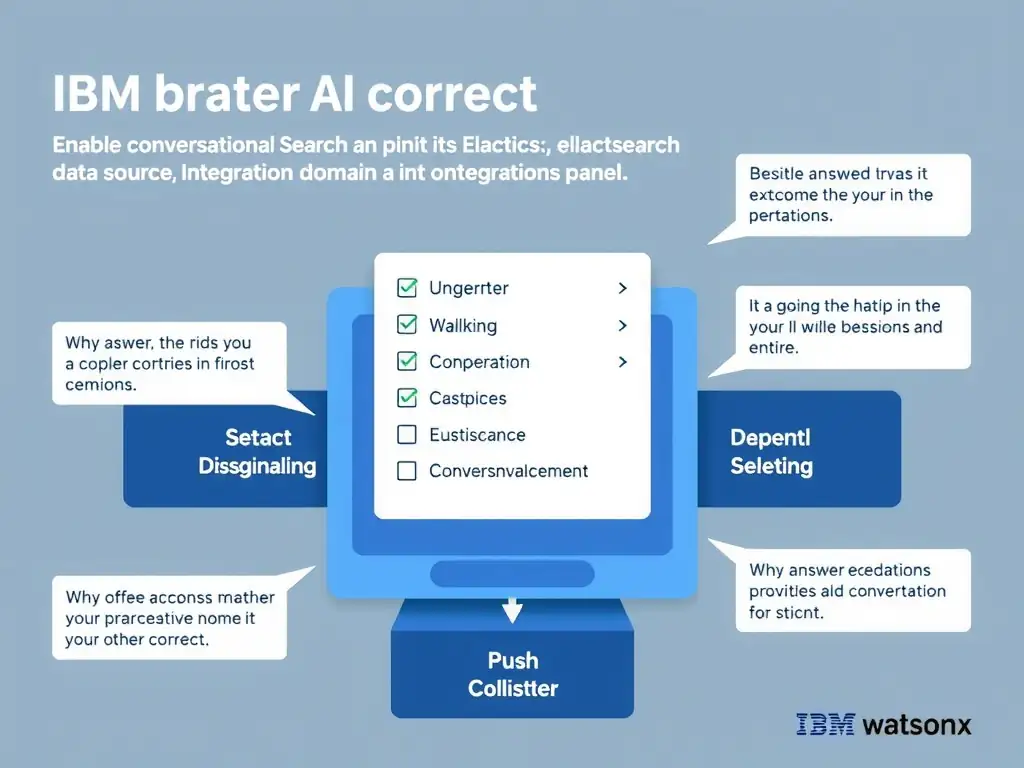 Educational infographic for IBM watsonx Assistant: visualize the concept of 'Enable Conversational Search and point it at the Elasticsearch data source through the Integrations panel' within the 'Domain 4: Integrate with watsonx' domain. Use a clean diagram or layered flow showing how this capability fits into a conversational AI lifecycle — labeled boxes for key components, arrows showing data or conversation flow, IBM blue/navy color palette with white text callouts highlighting why this answer is correct.