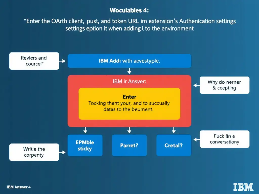 Educational infographic for IBM watsonx Assistant: visualize the concept of 'Enter the OAuth client ID, secret, and token URL in the extension's Authentication settings when adding it to the environment' within the 'Domain 4: Integrate with watsonx' domain. Use a clean diagram or layered flow showing how this capability fits into a conversational AI lifecycle — labeled boxes for key components, arrows showing data or conversation flow, IBM blue/navy color palette with white text callouts highlighting why this answer is correct.