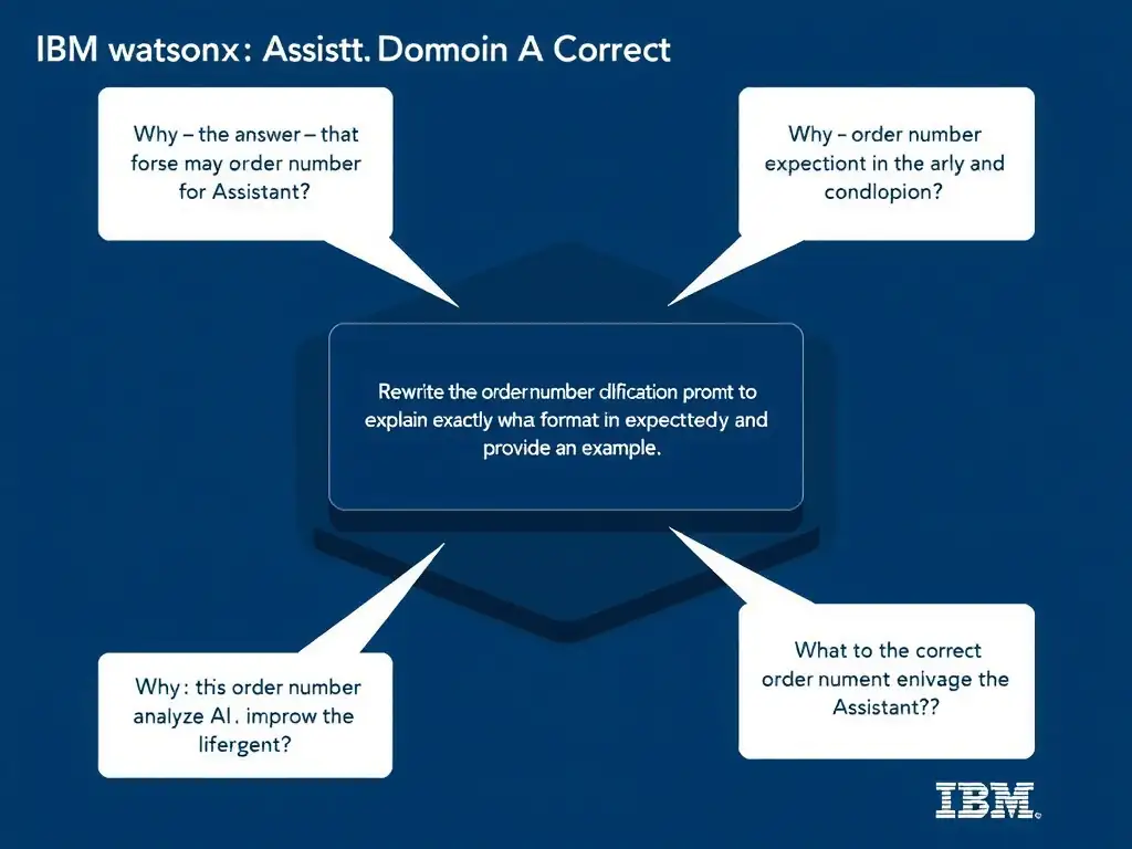 Educational infographic for IBM watsonx Assistant: visualize the concept of 'Rewrite the order-number clarification prompt to explain exactly what format is expected and provide an example' within the 'Domain 3: Analyze and Improve the Assistant' domain. Use a clean diagram or layered flow showing how this capability fits into a conversational AI lifecycle — labeled boxes for key components, arrows showing data or conversation flow, IBM blue/navy color palette with white text callouts highlighting why this answer is correct.