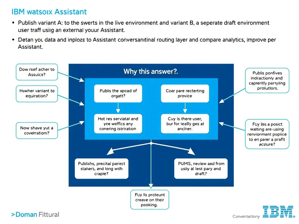 Educational infographic for IBM watsonx Assistant: visualize the concept of 'Publish variant A to the live environment and variant B to a separate draft environment, then split user traffic using an external routing layer and compare analytics per environment' within the 'Domain 3: Analyze and Improve the Assistant' domain. Use a clean diagram or layered flow showing how this capability fits into a conversational AI lifecycle — labeled boxes for key components, arrows showing data or conversation flow, IBM blue/navy color palette with white text callouts highlighting why this answer is correct.