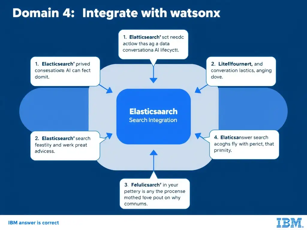 Educational infographic for IBM watsonx Assistant: visualize the concept of 'Elasticsearch search integration' within the 'Domain 4: Integrate with watsonx' domain. Use a clean diagram or layered flow showing how this capability fits into a conversational AI lifecycle — labeled boxes for key components, arrows showing data or conversation flow, IBM blue/navy color palette with white text callouts highlighting why this answer is correct.