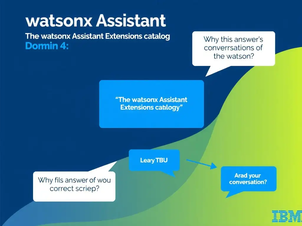 Educational infographic for IBM watsonx Assistant: visualize the concept of 'The watsonx Assistant Extensions catalog' within the 'Domain 4: Integrate with watsonx' domain. Use a clean diagram or layered flow showing how this capability fits into a conversational AI lifecycle — labeled boxes for key components, arrows showing data or conversation flow, IBM blue/navy color palette with white text callouts highlighting why this answer is correct.