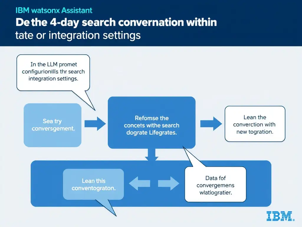 Educational infographic for IBM watsonx Assistant: visualize the concept of 'In the LLM prompt configuration within the search integration settings' within the 'Domain 4: Integrate with watsonx' domain. Use a clean diagram or layered flow showing how this capability fits into a conversational AI lifecycle — labeled boxes for key components, arrows showing data or conversation flow, IBM blue/navy color palette with white text callouts highlighting why this answer is correct.